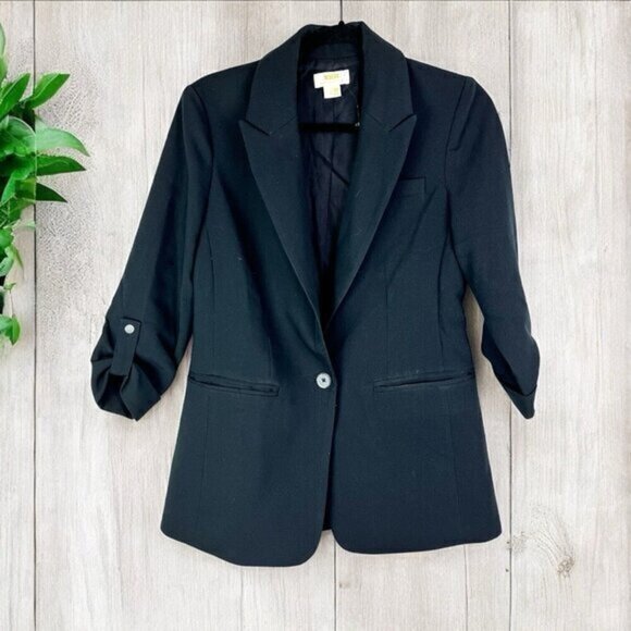Maeve x Anthropologie Black Roll-Tab Sleeve Single Breasted Blazer Jacket Size 0 - Picture 1 of 10